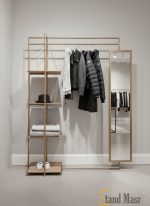 استاند عرض ملابس ديكوري مودرن فاخر مع رفوف جانبية ومرآة – تصميم هندسي معاصر من Stand Egypt